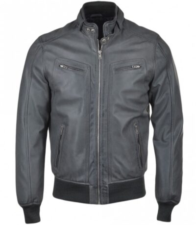 Blackley Men's Gray Leather Biker Bomber Jacket