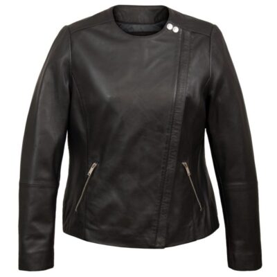 ELEGANCE WOMEN’S MARTELL COLLARLESS BLACK LEATHERS JACKET 1