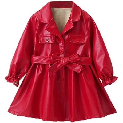 FEESHOW Children Girls Stylish Solid Leather Outerwear Long Sleeve Button Trench Coat Jackets Students School Wear