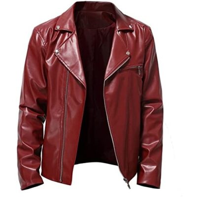 FXZMJN Autumn Leather Jacket Men Fashion Pu Faux Leather Jackets Mens Fashion Streetwear Solid Turn Down Collar Coats Man (Color : Red, Size : L code)