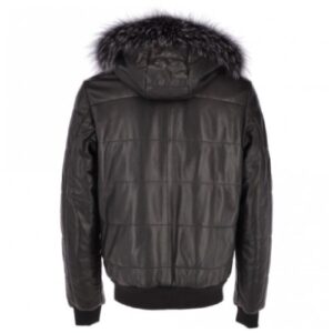 Geneva Mens Black Leather Hooded Bomber Jacket