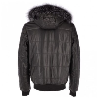 Geneva Mens Black Leather Hooded Bomber Jacket