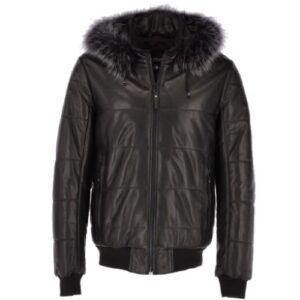 Geneva Mens Black Leather Hooded Bomber Jacket