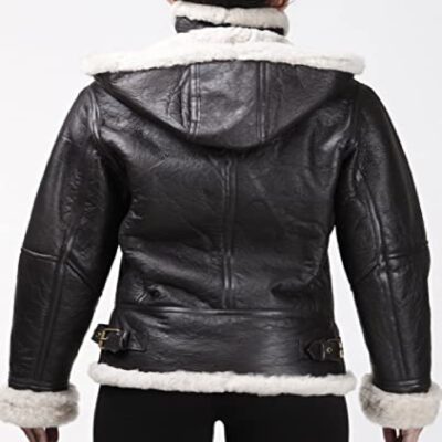 Infinity Women's Vintage Real Hooded Sheepskin Flying Brown Leather Jackets with Cream Fur Comfort fit
