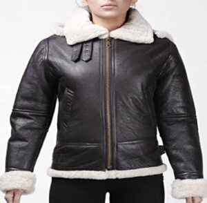 Infinity Women's Vintage Real Hooded Sheepskins Flying Brown Leather Jacket with Cream Fur Comfort fit