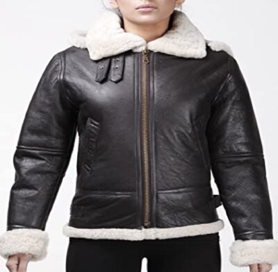 Infinity Women's Vintage Real Hooded Sheepskins Flying Brown Leather Jacket with Cream Fur Comfort fit