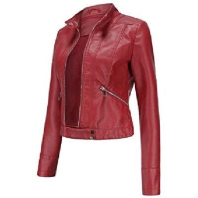 JiangKui Women's Short Leather Jacket Spring and Autumn Stand-Up Collar Leather Jacket Thin Leather JacketWine red, s