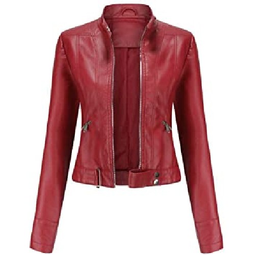 JiangKui Women's Short Leather Jacket Spring and Autumn Stand-Up Collar Leather Jacket Thin Leather JacketWine red, s