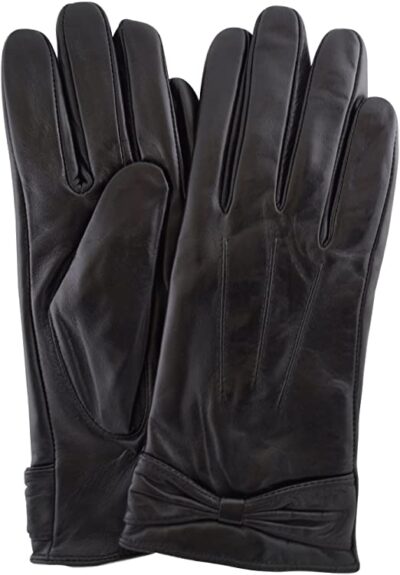 Ladies-Butter-Soft-Premium-Black-Leather-Glove-with-Bow-3-Point-Stitch-Design-&-Warm-Fleece-Lining