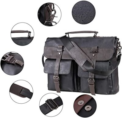 Leather Messenger Bag for Men, 17.3 Inch Vintage PU Leather Laptop Bag Briefcase Satchel, Large Messenger Bag Water Resistant School Work Bag (Black)