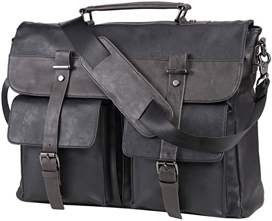 Leather Messenger Bag for Men, 17.3 Inch Vintage PU Leather Laptop Bag Briefcase Satchel, Large Messenger Bag Water Resistant School Work Bag (Black)