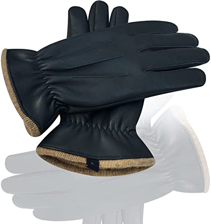 Men’s full finger cow leather cold weather Winter gloves polyester lined fashion driving Motorcycle shooting skating camping mittens warm style 9040 Black