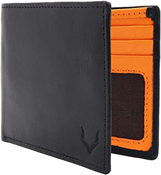 Pelle Toro Handmade Super Slim Mens Wallet, Thin RFID Wallet in Soft Fine Leather with 10 Card Slots inc. ID Window, in Wooden Mens Gift Box (Charcoal Black & Orange)