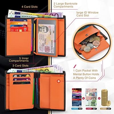 TEEHON® Wallets Mens RFID Blocking Genuine Leather with 12 Credit Card Holders, Coin Pocket, 2 Banknote Compartments, ID Window, Bifold Vertical Wallet for Men with Gift Box- Black and Orange