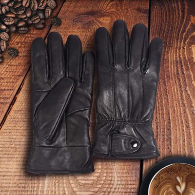 Winter Genuine Leather Black Gloves for Men Driving Cycling Dress Real Sheepskin Leather with Soft Fleece Lined Gloves