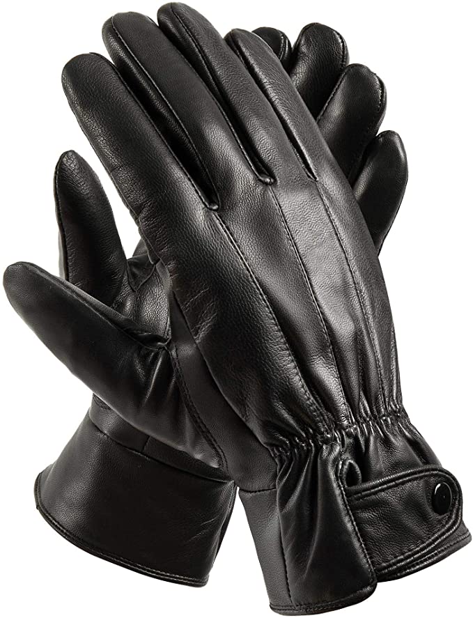 Winter Genuine Leather Black Gloves for Men Driving Cycling Dress Real Sheepskin Leather with Soft Fleece Lined Gloves