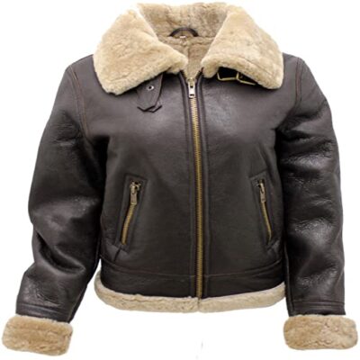 WOMEN’S LADIES BROWN B3 WW2 BROWN WHITE REAL THICK SHEEPSKIN LEATHER FLYING JACKET