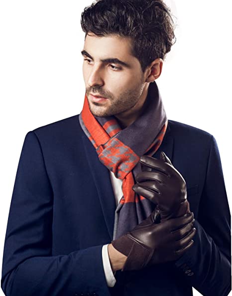 YISEVEN Men Touchscreen Lambskin Leather Gloves Snug Waist
