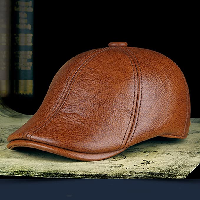 seemehappy Genuine Leather Duckbill Cap Detective Hat Flat Beret Hat for Men Brown