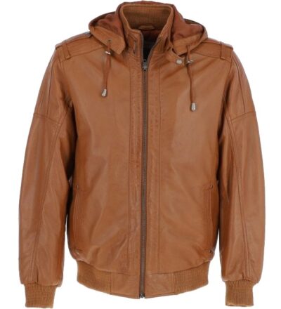 skyscrapers Men's Leather Hooded Bomber Jacket
