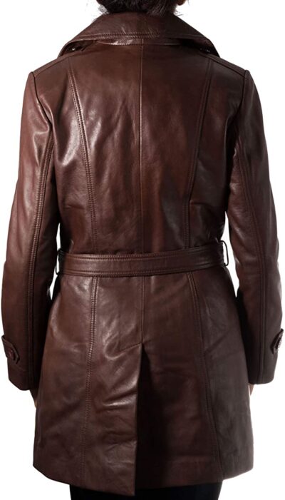 A to Z Leather Ladies Womens Chestnut Brown Real Leather Classic 3/4 Trench Long Winter Coat with Belt Tie and Back Vent