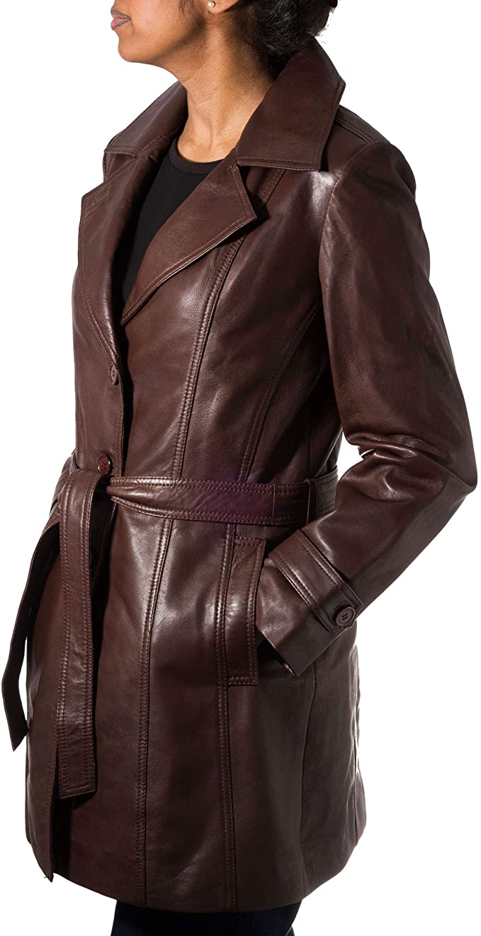 A to Z Leather Ladies Womens Chestnut Brown Real Leather Classic 3/4 Trench Long Winter Coat with Belt Tie and Back Vent