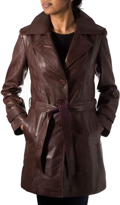 A to Z Leather Ladies Womens Chestnut Brown Real Leather Classic 3/4 Trench Long Winter Coat with Belt Tie and Back Vent
