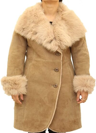 A to Z Leather Womens Brown Real Shearling Sheepskin 3/4 Long Waterfall Winter Button Large Collar Coat
