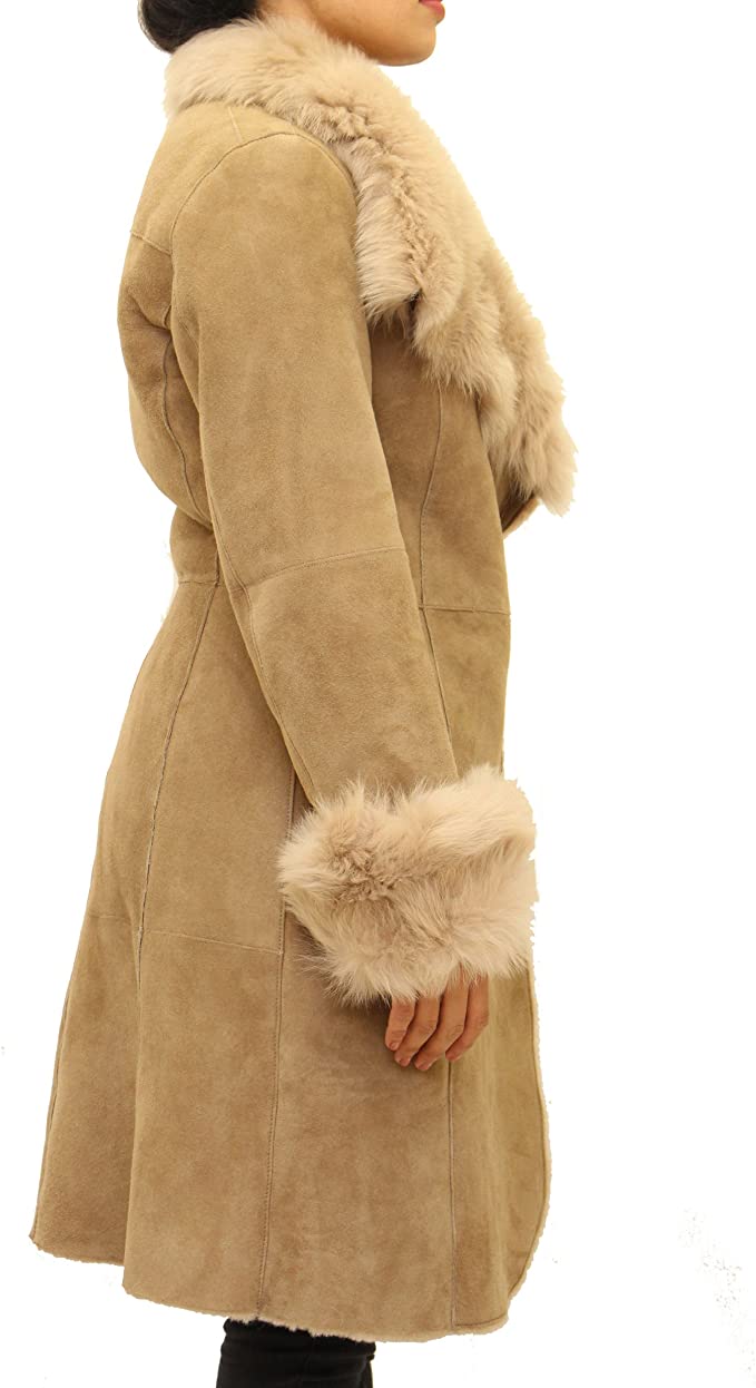 A to Z Leather Womens Brown Real Shearling Sheepskin 3/4 Long Waterfall Winter Button Large Collar Coat