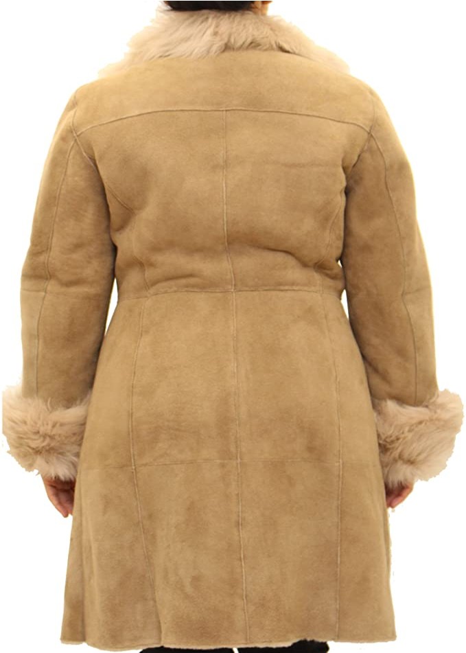 A to Z Leather Womens Brown Real Shearling Sheepskin 3/4 Long Waterfall Winter Button Large Collar Coat
