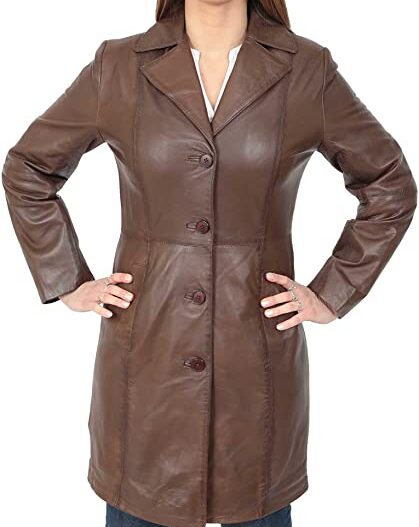 A1 FASHION GOODS Ladies Trench 3/4 Length Real Leather Coat Parka Fitted Jacket in Lexi
