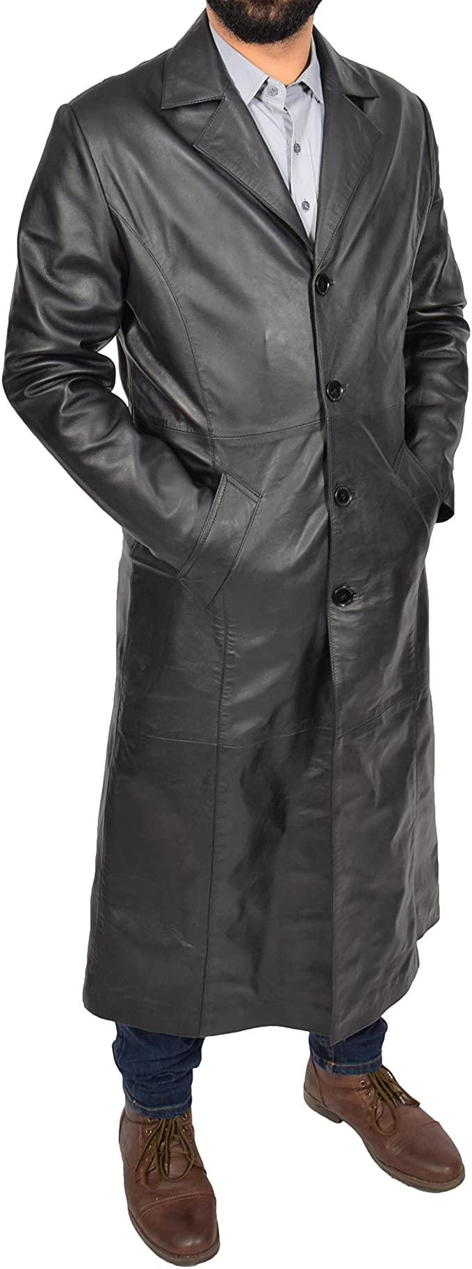 A1 FASHION GOODS Mens Long Leather Coat Full Length Black Leather Trench Mac Crombie Overcoat - Blade