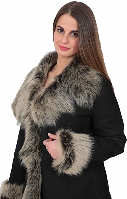 A1 FASHION GOODS Womens Fitted Genuine Toscana Real Sheepskin Coat Black Sueded Shearling Jacket - Pearl