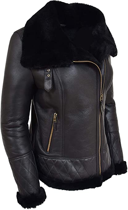 A1 FASHION GOODS Womens Genuine Sheepskin Jacket Double Face Black Merino Shearling Aviator Coat - Alexa