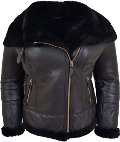 A1 FASHION GOODS WOMENS GENUINE SHEEPSKIN JACKET DOUBLE FACE BLACK MERINO SHEARLING AVIATOR COAT – ALEXA