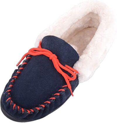 Absolute Footwear Womens Slip On Leather Suede Moccasins with Faux Fur Inner and Lace Detail