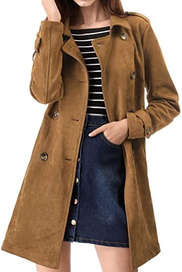 Allegra K Women's Saint Patrick's Day Notched Lapel Double Breasted Faux Suede Trench Coat Jacket with Belt