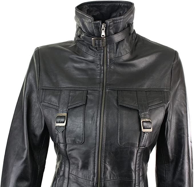 Aviatrix Black Tan Ladies Woman's Vintage Soft Washed Real Leather Jacket Trench Coat