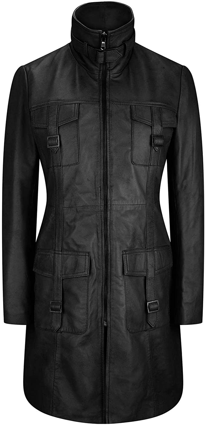 Aviatrix Black Tan Ladies Woman's Vintage Soft Washed Real Leather Jacket Trench Coat
