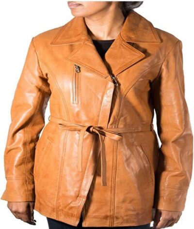 Ladies New Tan Real Soft Sheepskin Leather Finishing Long Classic Biker Jacket