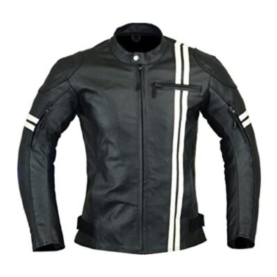 MENS MOTORCYCLE ARMOURED MOTOR SPORTS HIGH PROTECTION LEATHER JACKET BLACK AND WHITE LJ-3021