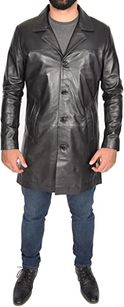 Jones Mens 3/4 Long Black Leather Coat Crombie Style Jacket Overcoat Classic Trench 