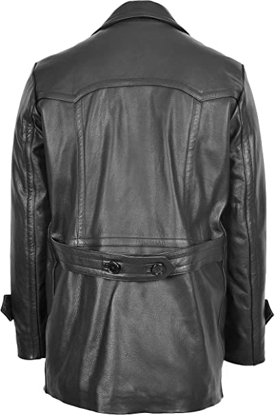 Mens Real Leather Coat Double Breasted Peacoat Style Salcombe