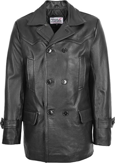 Mens Real Leather Coat Double Breasted Peacoat Style Salcombe