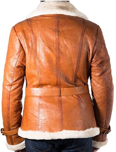 Womens Brown Tan with Cream Shearling Sheepskin Leather Finishing Double Breasted Pea Coat Jacket