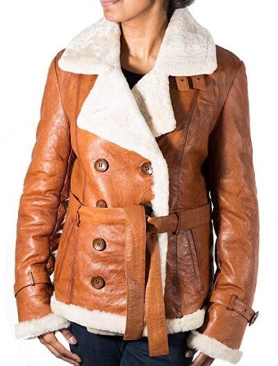Womens Brown Tan with Cream Shearling Sheepskin Leather Finishing Double Breasted Pea Coat Jacket