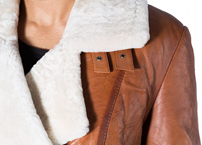 Womens Brown Tan with Cream Shearling Sheepskin Leather Finishing Double Breasted Pea Coat Jacket