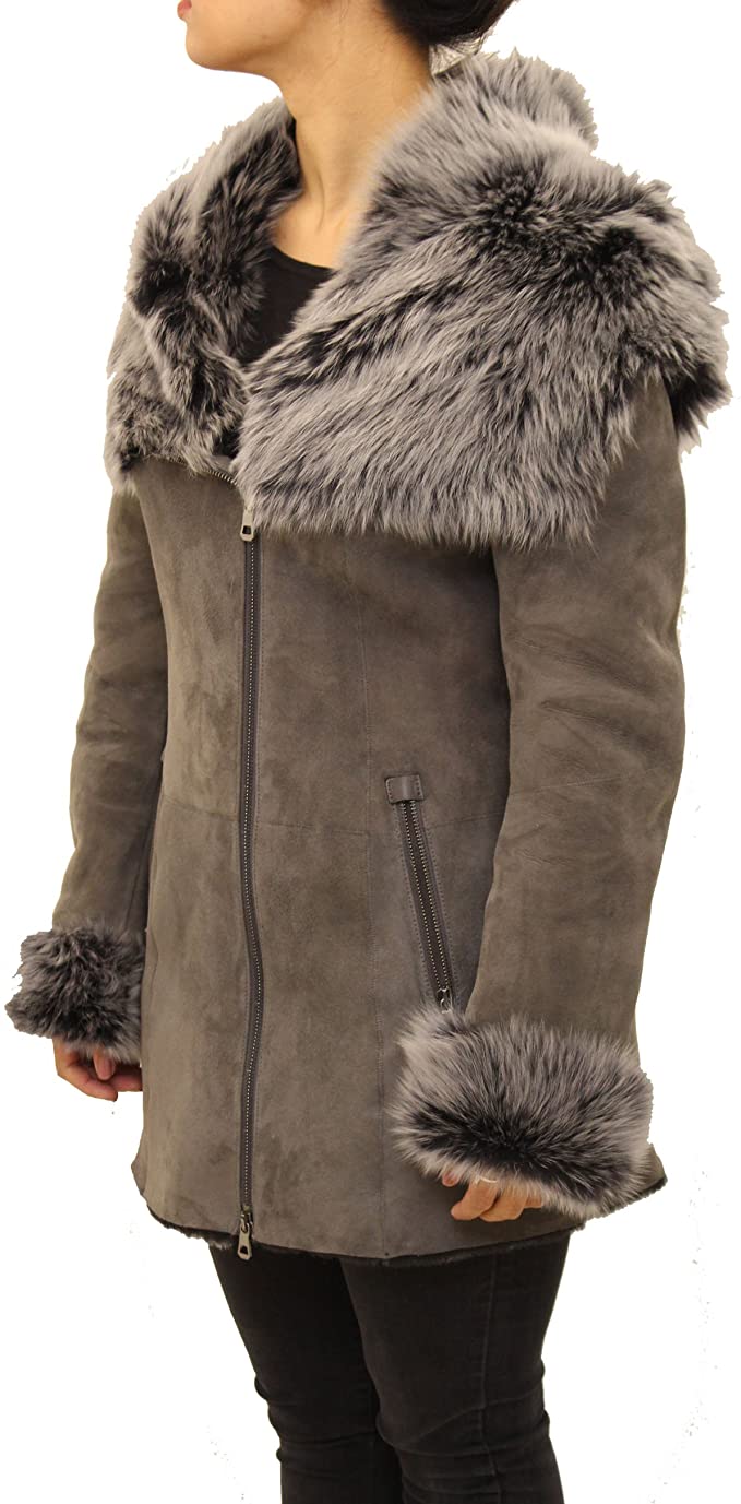 Womens Grey Suede Shearling Long Biker Style Hooded Jacket and Coat