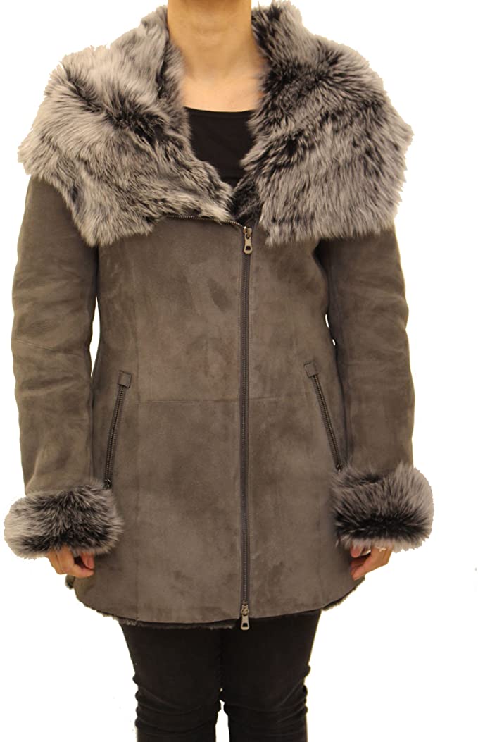 Womens Grey Suede Shearling Long Biker Style Hooded Jacket and Coat