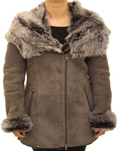 Womens Grey Suede Shearling Long Biker Style Hooded Jacket and Coat